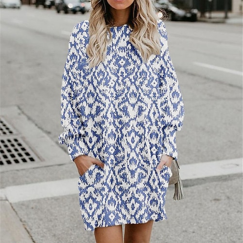 

Women's Shift Dress Short Mini Dress Green Blue Purple Long Sleeve Geometric Pocket Print Fall Winter Hooded Casual 2022 S M L XL XXL 3XL