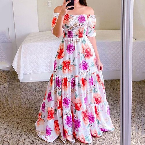 

Women's A Line Dress Maxi long Dress White Blue Purple Pink Red Short Sleeve Floral Butterfly Animal Ruffle Cold Shoulder Print Spring Summer Off Shoulder Elegant Modern Mature 2022 S M L XL XXL 3XL