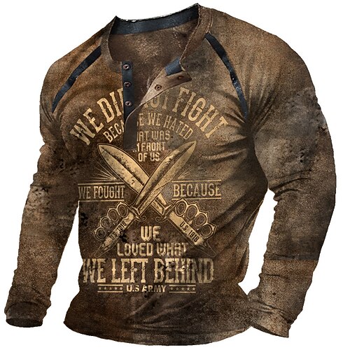 

Men's Henley Shirt T shirt Tee 3D Print Graphic Patterned Weapon Letter Henley Street Casual Button-Down Print Long Sleeve Tops Designer Basic Fashion Classic Brown / Summer / Sports / Spring
