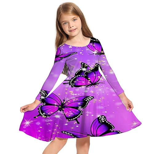 

Niños Chica Vestido Animal Vestido de Columpio Sobre la rodilla Vestido Diario Estampado Manga Larga Estilo lindo Vestido 3-10 años Otoño Morado