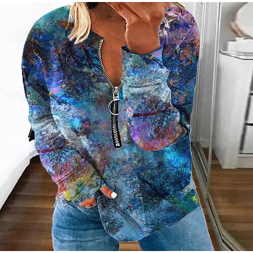 

Women's Plus Size Tops Pullover Sweatshirt Hoodie Sweatshirt Floral Zipper Print Long Sleeve Round Neck Streetwear Daily Vacation Polyester Fall Winter Green Blue