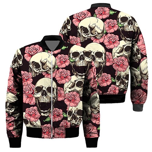 

Men's Jacket Regular Pocket Print Coat Black Casual Street Fall Zipper Stand Collar Regular Fit S M L XL 2XL 3XL / Winter / Long Sleeve / Skull