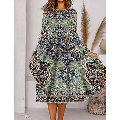 

Women's Casual Dress Swing Dress Midi Dress Green Long Sleeve Floral Pocket Winter Fall Autumn Crew Neck Winter Dress Fall Dress 2022 S M L XL XXL 3XL