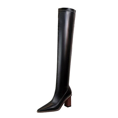 

Women's Boots Club Sexy Boots Over The Knee Boots Winter Chunky Heel Pointed Toe Sexy Minimalism PU Leather Loafer Solid Colored Black