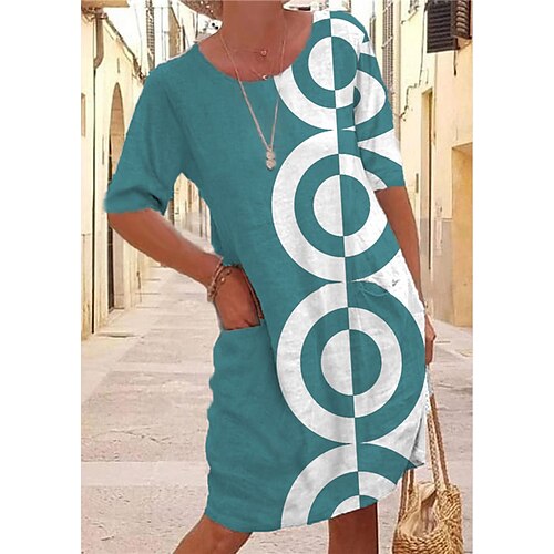 

Mulheres Vestido de turno Verde Preto Amarelo Meia Manga Geométrica Bolsos Outono Primavera Gola Redonda Moda 2022 XS S M L XL XXL 3XL 4XL 5XL 6XL