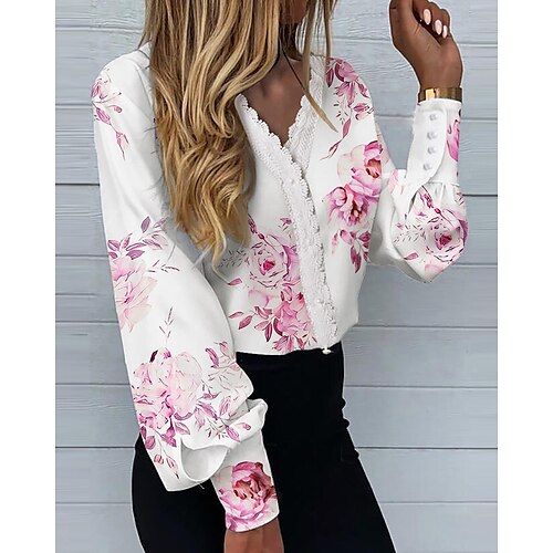 

Mujer Camisa Blusa Negro Blanco Rosa Floral Corazón Encaje Botón Manga Larga Oficina Trabajo Ropa de calle Casual Escote en Pico Regular Flor S