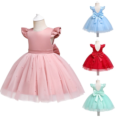 

Kids Little Girls' Dress Solid Colored Tulle Dress Party Birthday Beaded Ruched Mesh Green Blue Pink Knee-length Short Sleeve Princess Sweet Dresses Spring Summer Slim 1 PC 3-10 Years