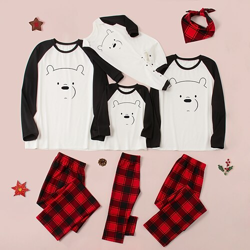 

Family Look Pajamas Plaid Bear Causal Patchwork Black Long Sleeve Casual Matching Outfits