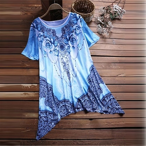 

Women's Plus Size Tops T shirt Tee Floral Print Short Sleeve Crewneck Streetwear Daily Going out Polyester Spring Summer Green Blue