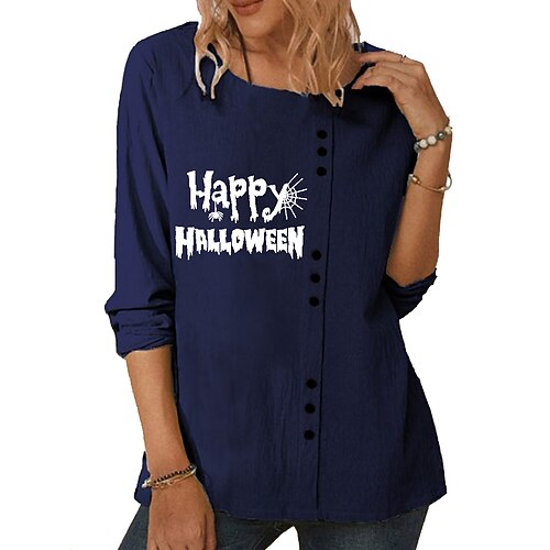 

Women's T shirt Tee Text Halloween Daily T shirt Tee Long Sleeve Print Round Neck Basic Essential Loose Blue Khaki Navy Blue S