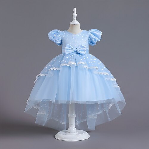 

Wedding Event / Party Ball Gown Flower Girl Dresses V Neck Asymmetrical Polyester Tulle Spring Summer with Bow(s) Tier Cute Girls' Party Dress Fit 3-16 Years