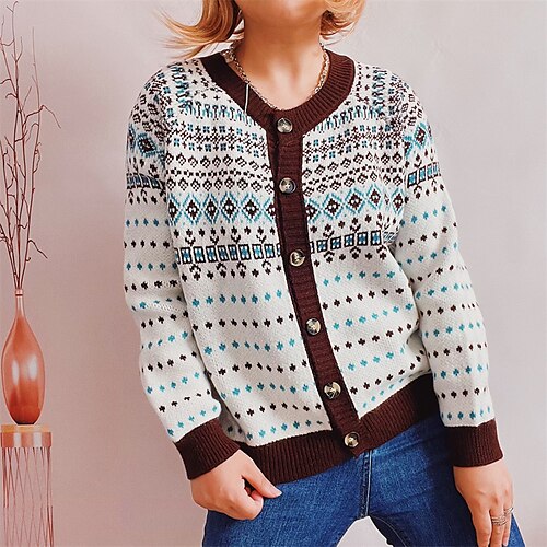 

Women's Cardigan Sweater Jumper Ribbed Knit Knitted Button Geometric V Neck Stylish Casual Daily Going out Fall Winter White Coffee S M L / Long Sleeve