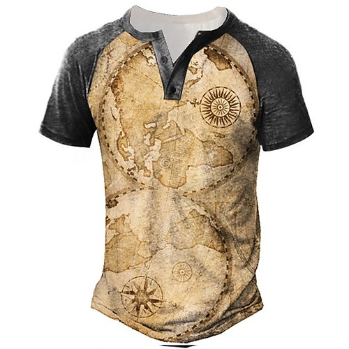 

Men's Henley Shirt Tee T shirt Tee 3D Print Graphic Patterned Map Plus Size Henley Daily Sports Patchwork Button-Down Short Sleeve Tops Designer Basic Casual Classic Green Black Blue / Summer