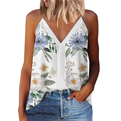 

Women's Halter Crisscross Tank Floral Casual Daily Holiday Floral Halter Crisscross Tank Sleeveless Print V Neck Casual Tropical White Black Blue S