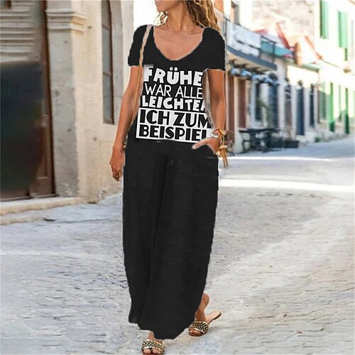 

Women's Shift Dress Maxi long Dress Black Short Sleeve Letter Pocket Print Spring Summer V Neck Elegant Casual Vacation 2022 S M L XL XXL 3XL