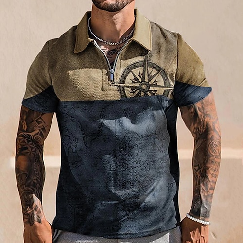 

Men's Collar Polo Shirt Golf Shirt Compass Turndown Royal Blue 3D Print Street Daily Short Sleeve Zipper 3D Clothing Apparel Fashion Casual Breathable Comfortable / Beach