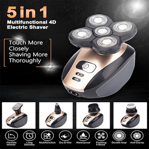 

5 In 1 4D Men's Rechargeable Bald Head Electric Shaver 5 Floating Heads Beard Nose Ear Hair Trimmer Razor Clipper Facial Brush