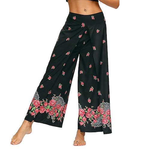 

Women's Flare Chinos Pants Trousers Green Black High Waist Boho Hip-Hop Casual Weekend Split Baggy Micro-elastic Full Length Comfort Flower / Floral S L / High Cut / Loose Fit / Print