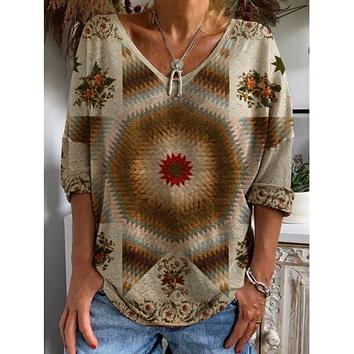 

Women's T shirt Tee Graphic Patterned Casual Daily Abstract T shirt Tee 3/4 Length Sleeve Print V Neck Basic Essential Light Brown S / 3D Print