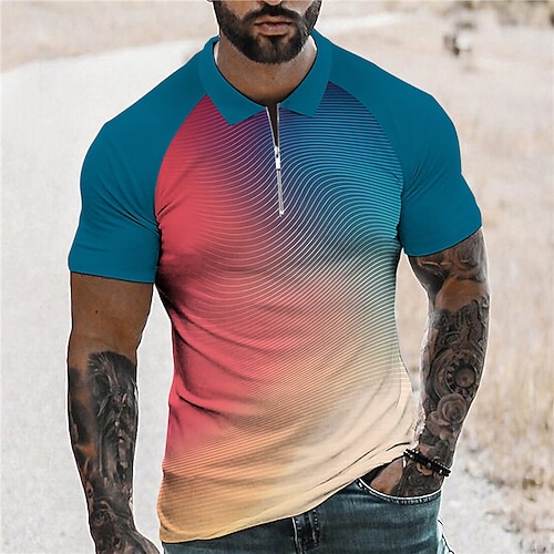 

Men's Collar Polo Shirt Golf Shirt Gradient Turndown Blue 3D Print Outdoor Street Short Sleeves Zipper Print Clothing Apparel Fashion Designer Casual Breathable / Summer / Spring / Summer