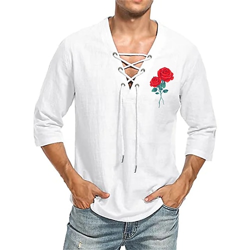 

Men's Shirt Solid Color Rose V Neck Street Casual Drawstring Print 3/4-Length Sleeve Tops Designer Casual Fashion Breathable White Black Blue / Summer