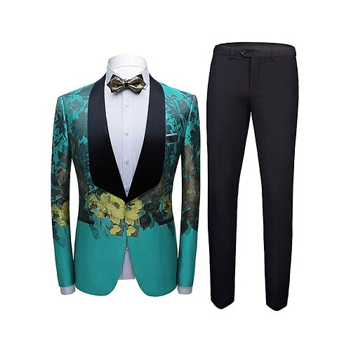 

Green Men's Ceremony Tuxedos 2 Piece Shawl Collar Printing Tailored Fit Single Breasted One-button 2022