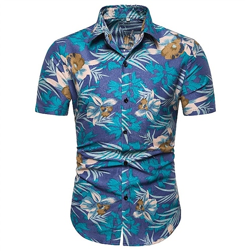 

Men's Shirt 3D Print Floral Graphic Patterned Turndown Street Daily 3D Button-Down Short Sleeve Tops Casual Fashion Comfortable Blue / Beach