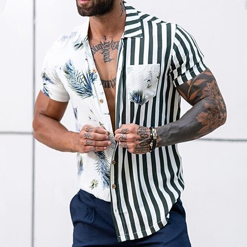 

Men's Shirt 3D Print Striped Plants Graphic Patterned Turndown Street Daily 3D Button-Down Short Sleeve Tops Casual Fashion Breathable Comfortable White