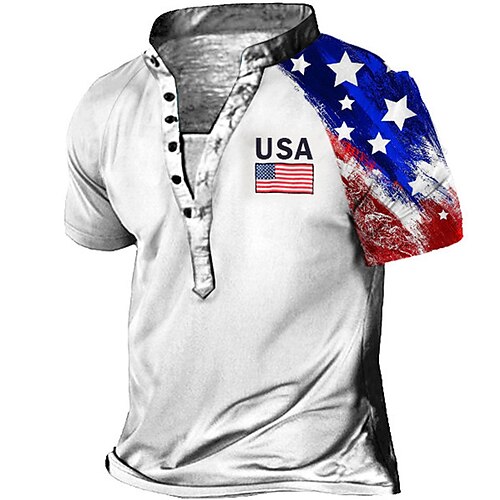 

Men's Henley Shirt Tee T shirt Tee 3D Print Graphic Patterned National Flag Plus Size Stand Collar Daily Sports Button-Down Print Short Sleeve Tops Designer Basic Casual Big and Tall White / Summer