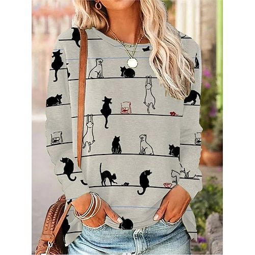 

Women's T shirt Tee Animal Casual Daily Holiday Cat T shirt Tee Long Sleeve Patchwork Print Round Neck Basic Essential Gray S / 3D Print