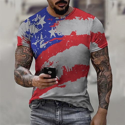 

Men's T shirt Tee 3D Print Graphic Patterned American Flag Crew Neck Street Casual Print Short Sleeve Tops Basic Fashion Classic Comfortable Gray / Summer