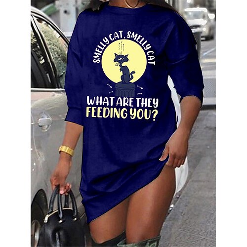 

Women's Shift Dress Short Mini Dress Black Blue Long Sleeve Cat Letter Animal Print Fall Spring Crew Neck Casual Fashion 2022 S M L XL XXL 3XL