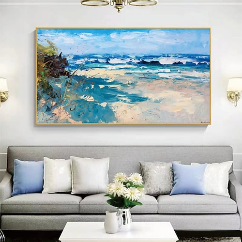 

Handmade Hand Painted Oil Painting Wall Art Blue Ocean Beachside Landscape Home Decoration Decor Rolled Canvas No Frame Unstretched