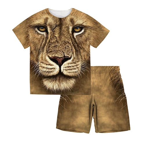 

Kids Boys T-shirt Shorts Clothing Set 2 Pieces Short Sleeve Yellow Khaki Brown Lion Animal Crewneck Print Street Sports Vacation Fashion Comfort Cool Daily 3-13 Years