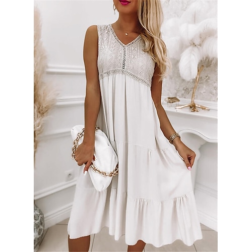 

Mulheres Vestido Swing Branco Sem Manga Cor imaculada Renda Primavera Verão Decote V Ajuste Largo 2022 S M L XL XXL 3XL