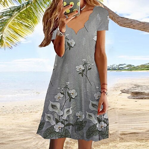 

Women's Shift Dress Knee Length Dress Green Gray Short Sleeve Floral Print Spring Summer V Neck Casual Vacation 2022 S M L XL XXL 3XL