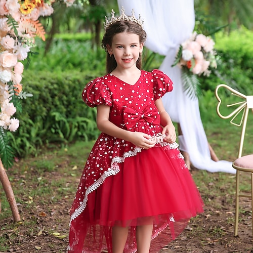 

Kids Little Girls' Dress Plain Polka Dot Tulle Dress Birthday Performance Patchwork Puff Sleeve Bow Blue Pink Red Midi Short Sleeve Princess Cute Dresses Fall Spring Slim 3-12 Years