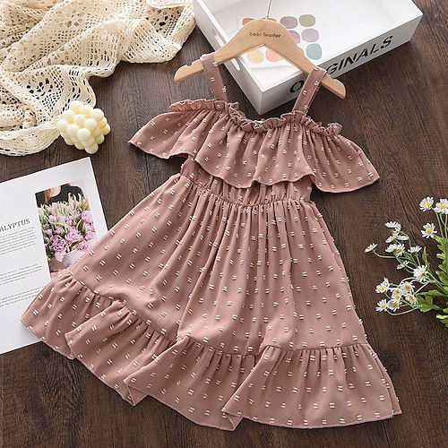 

Kids Toddler Little Girls' Dress Plain Strap Dress Daily Vacation Ruched Ruffle Pink Above Knee Short Sleeve Vacation Sweet Dresses Summer Regular Fit 1pcs 3-8 Years
