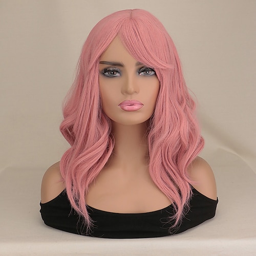 

Synthetic Wig Natural Wave With Bangs Machine Made Wig 14 inch Synthetic Hair Women's Adjustable Color GradientHigh Quality Pink