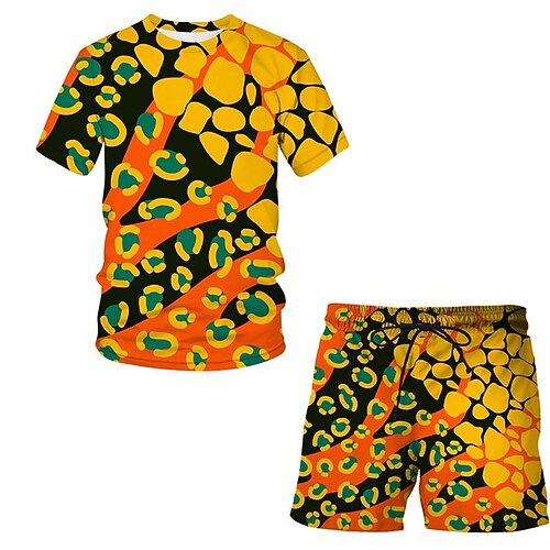 

Men's Shorts and T Shirt Set T-Shirt Outfits Graphic Graffiti Crew Neck Yellow Orange Red Brown 3D Print Street Daily Short Sleeve Print Clothing Apparel 2pcs Basic Fashion Lightweight Casual