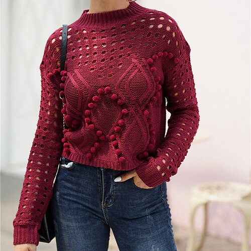 

Women's Pullover Sweater jumper Jumper Crochet Knit Cropped Knitted Pure Color Stand Collar Stylish Casual Outdoor Daily Winter Fall Red Gray S M L / Long Sleeve / Holiday / Regular Fit / Going out
