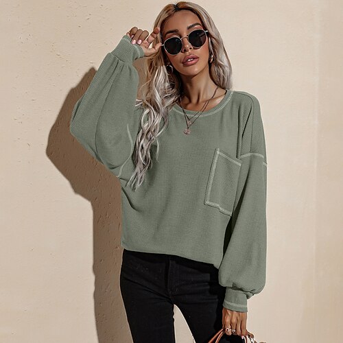 

Damen Sweatshirt Pullover Zur Seite fahren Aktiv Casual Tasche Weinrot Grün Khaki Glatt Sport Rundhalsausschnitt Langarm Baumwolle