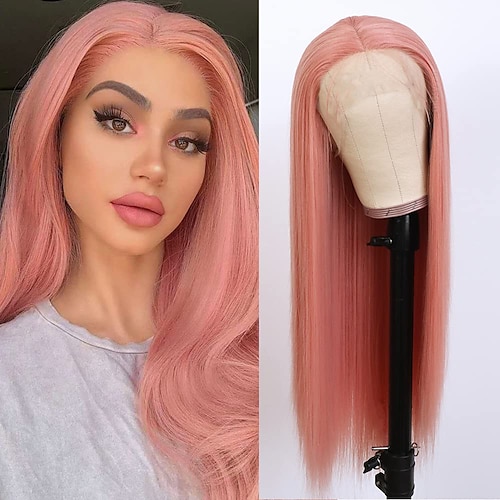 

Synthetic Lace Wig kinky Straight Style 12-26 inch Pink Middle Part 132.5 lace front Wig Women's Wig Pink