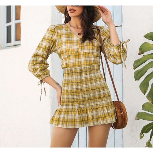 

Women's Sheath Dress Short Mini Dress Yellow 3/4 Length Sleeve Plaid Ruffle Fall Spring V Neck Casual Lantern Sleeve 2022 S M L XL