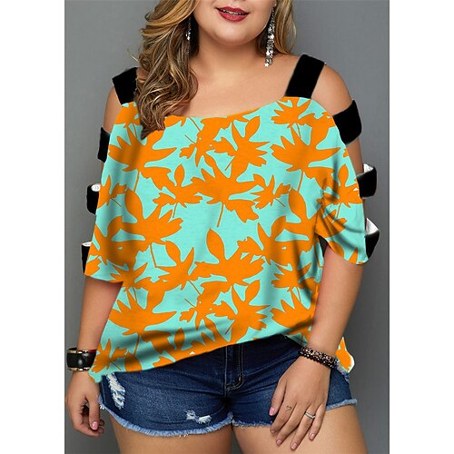 

Women's Plus Size Tops Blouse Shirt Leaf Cut Out Print Half Sleeve V Neck Streetwear Daily Going out Polyester Spring Summer Blue Purple
