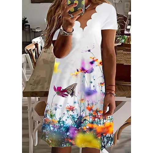 

Women's Plus Size Casual Dress Floral V Neck Ruffle Short Sleeve Spring Summer Basic Casual Mini Dress Daily Vacation Dress