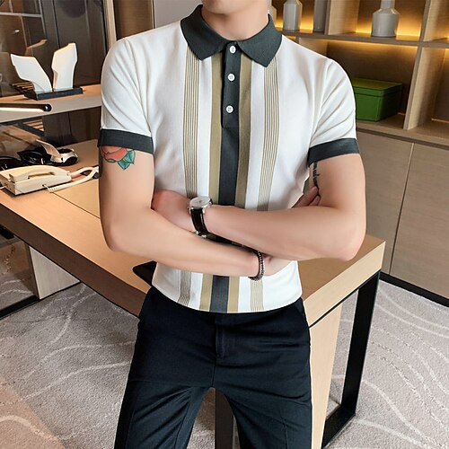 

Men's Collar Polo Shirt Knit Polo Sweater Golf Shirt Striped Turndown Green / White Street Daily Short Sleeve Button-Down Clothing Apparel Fashion Casual Breathable Comfortable / Beach