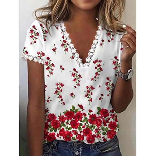 

Factory Spot Europe And The United States Amazon Spring And Summer New Ladies V-Neck Lace Casual Top Short-Sleeved Printing Stitching T-Shirt