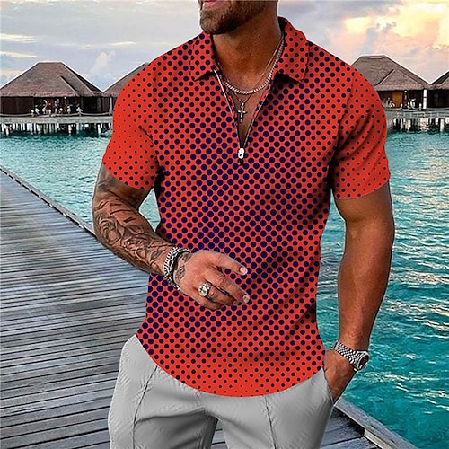 

Men's Collar Polo Shirt Golf Shirt Polka Dot Turndown Red 3D Print Outdoor Street Short Sleeves Zipper Print Clothing Apparel Fashion Designer Casual Breathable / Summer / Spring / Summer