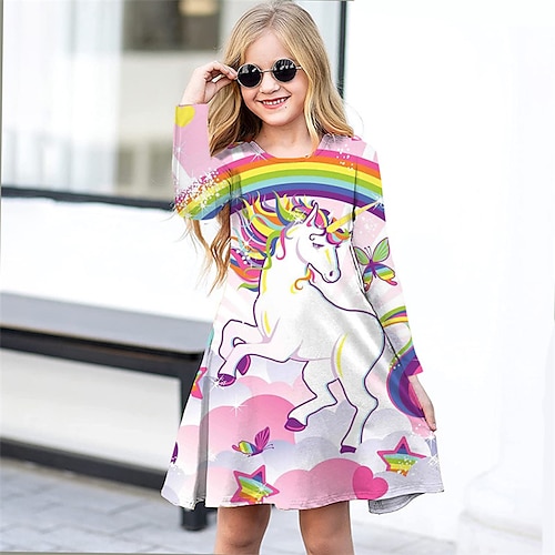 

Kids Little Girls' Dress Rainbow Unicorn Animal A Line Dress Daily Holiday Vacation Print Pink Above Knee Long Sleeve Casual Cute Sweet Dresses Fall Spring Regular Fit 3-12 Years